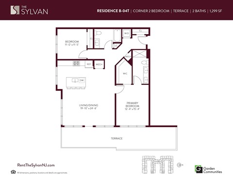 Floor plan for 2 beds, 2 baths, 1299 sqft